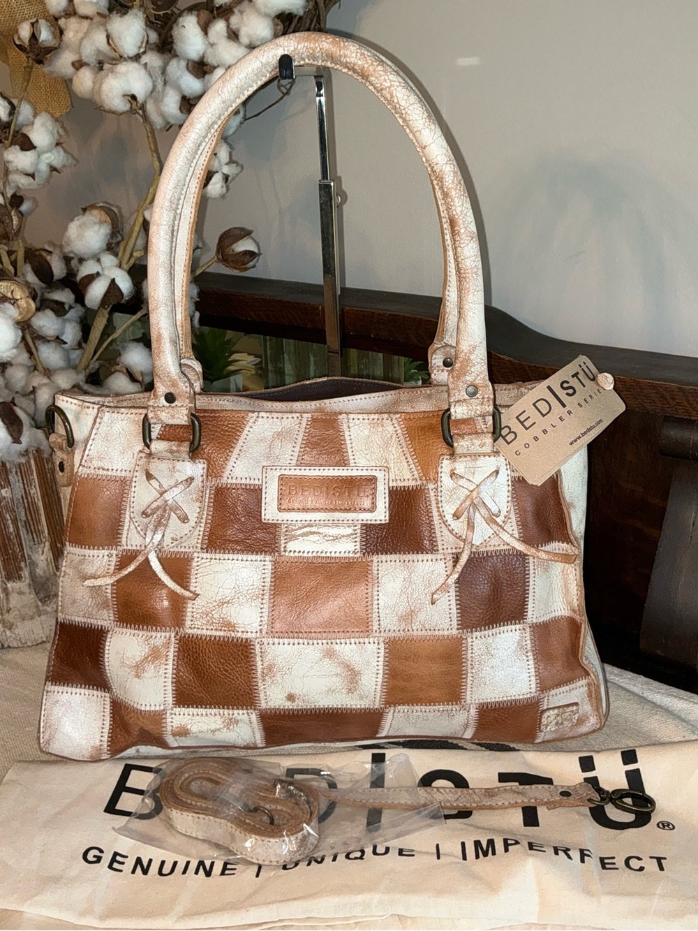 NWT Bed Stu Rockababy SL Patchwork Satchel Crossbody Bag Tan Nectar Lux MSRP 335